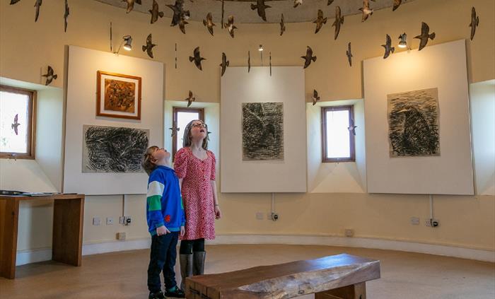 Two children (girl and boy) admiring the birds hanging from the ceiling at the exhibition.